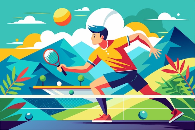 Vector a cartoon of a boy playing with a ball and a city background