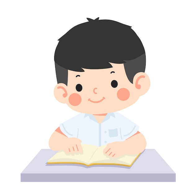 cartoon boy reading book at desk