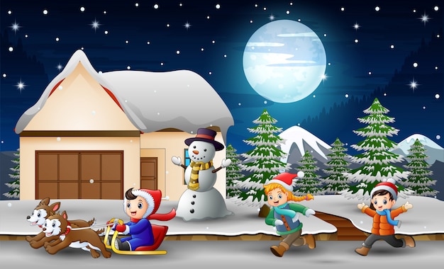 Cartoon of a boy riding sled in front snowing house