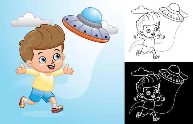 Cartoon of boy running chase ufo