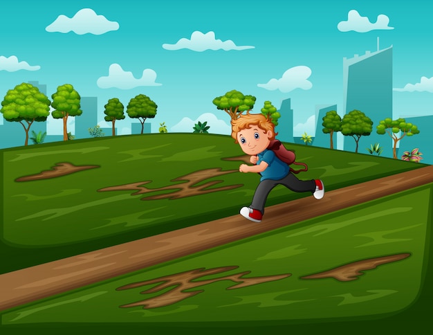 Cartoon a boy running on the road