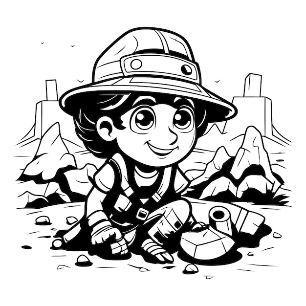 Cartoon boy in safari outfit Black and white vector illustration