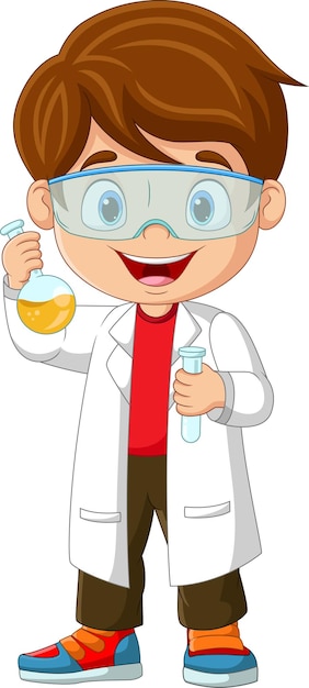 Cartoon boy scientist holding a flask and test tube