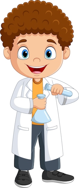 Cartoon boy scientist holding test tubes