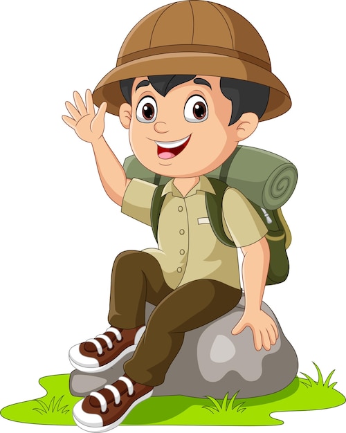 Cartoon boy scout sit on the rock waving hand