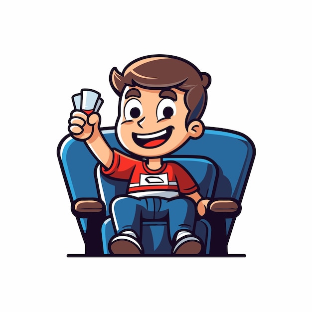 Vettore ragazzo dei cartoni animati seduto in poltrona e che mangia popcorn illustrazione vettoriale