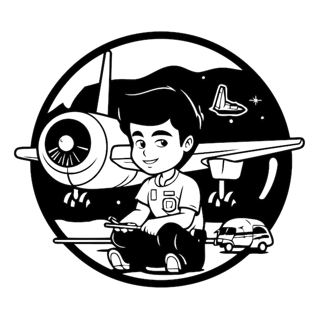 飛行機のベクトルイラストで地面に座っている漫画の少年