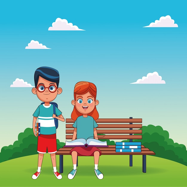 Cartoon boy standing nex to a girl reading a book sitting on a bench