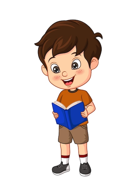 Cartoon boy student stands and reading a book