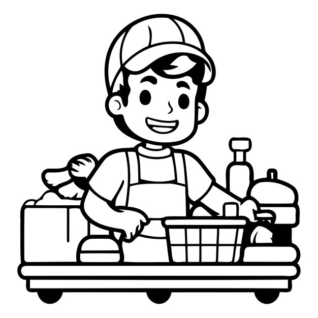 Vector cartoon boy in a supermarket trolley with food vector illustration