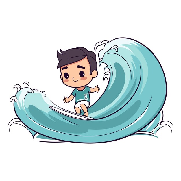 Vector cartoon boy surfing on a wave isolated on white background