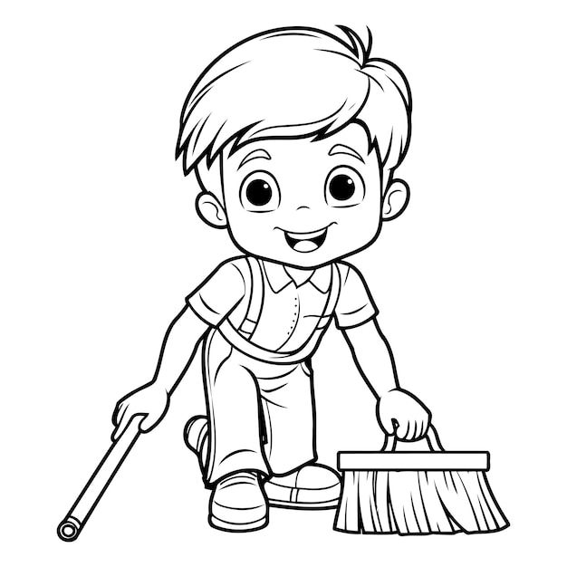 Cartoon boy sweeping floor with broom Black and white vector illustration for coloring book