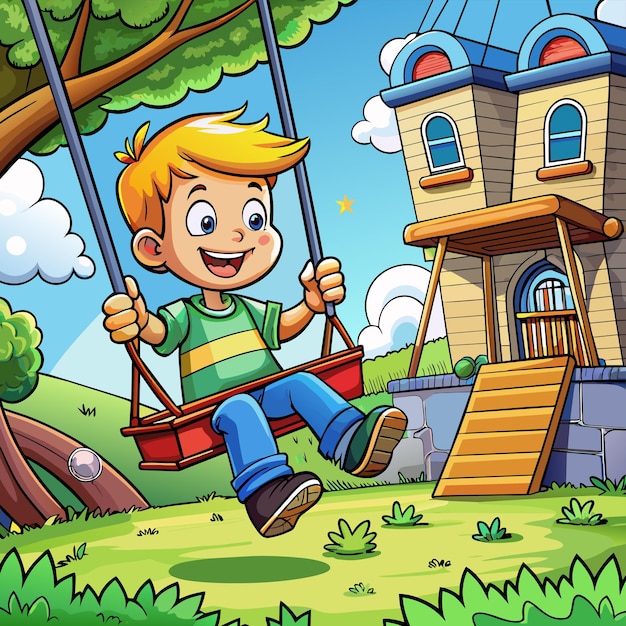 a cartoon of a boy on a swing with a house in the background