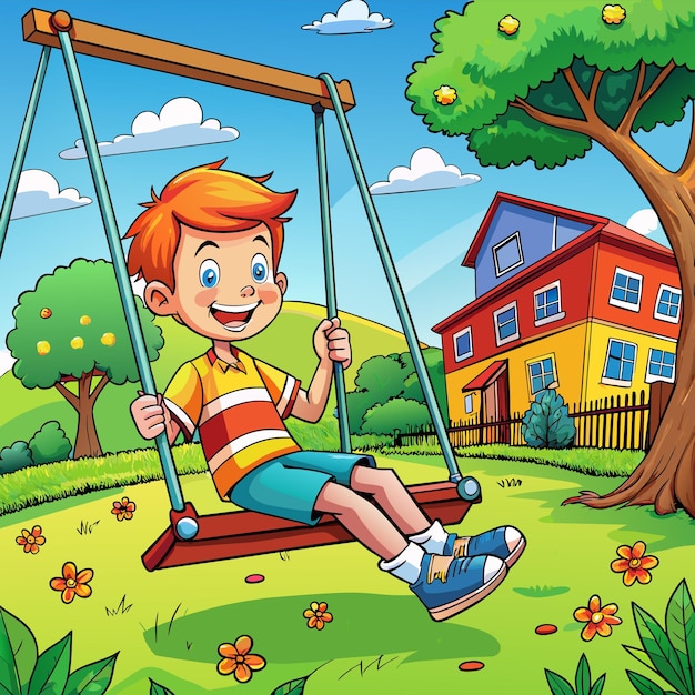 Vector a cartoon of a boy on a swing with a tree in the background