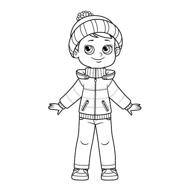 Cartoon boy in warm demiseason jacket jeans knitted hat with a pompom and sneakers outline for coloring on white background