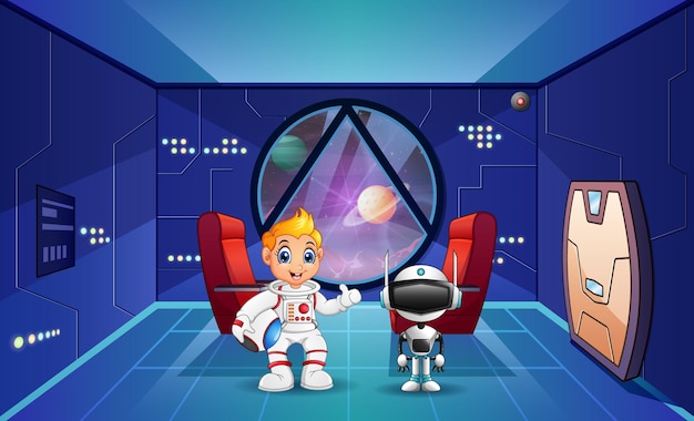 Vector cartoon boy wearing astronaut suit in spaceship