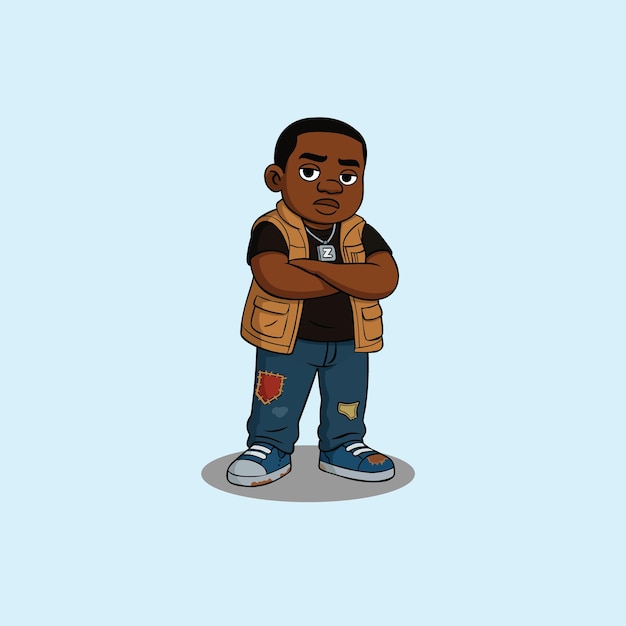 Cartoon boy wearing a vest jeans and sneakers with hands crossed