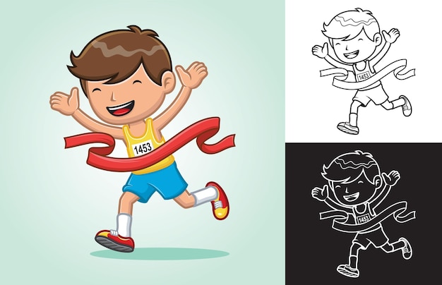 Cartoon boy winning first place in running race competition