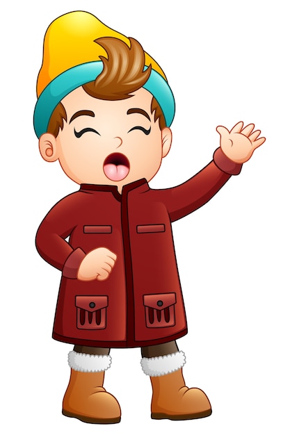 Cartoon boy in winter clothes singing