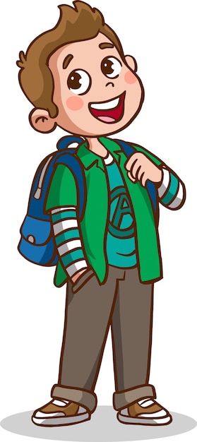 A cartoon boy with a backpack that says'the boy is wearing a green shirt and khaki pants. '