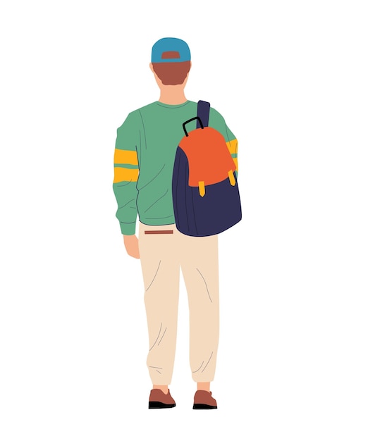 Cartoon boy with backpack view from behind of standing person in casual clothing isolated waiting or walking young man teenager in cap watching forward male backside figure vector illustration