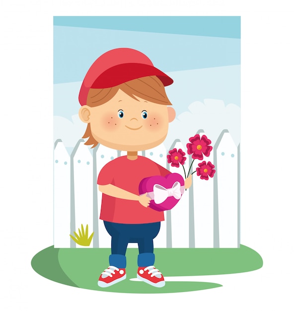 Vector cartoon boy with beautiful flowers and chocolate box over fence and sky