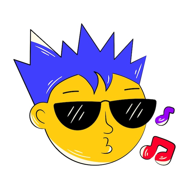 A cartoon boy with blue hair and sunglasses on and a note in his mouth.