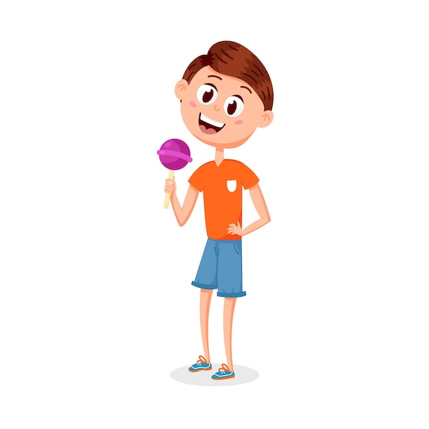 Cartoon boy with a candy on a stick. A cute kid in a summer T-shirt and shorts is enjoying some candy. Cartoon vector character