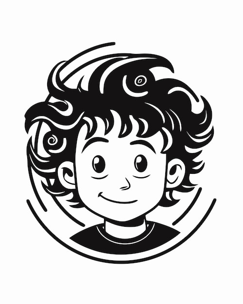 A cartoon of a boy with curly hair.