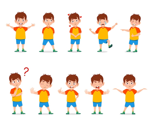 Cartoon boy with different emotions and expressions cute kid vector character in shirt and shorts with various emotion face happy sad smiling and laughing crying angry or worried