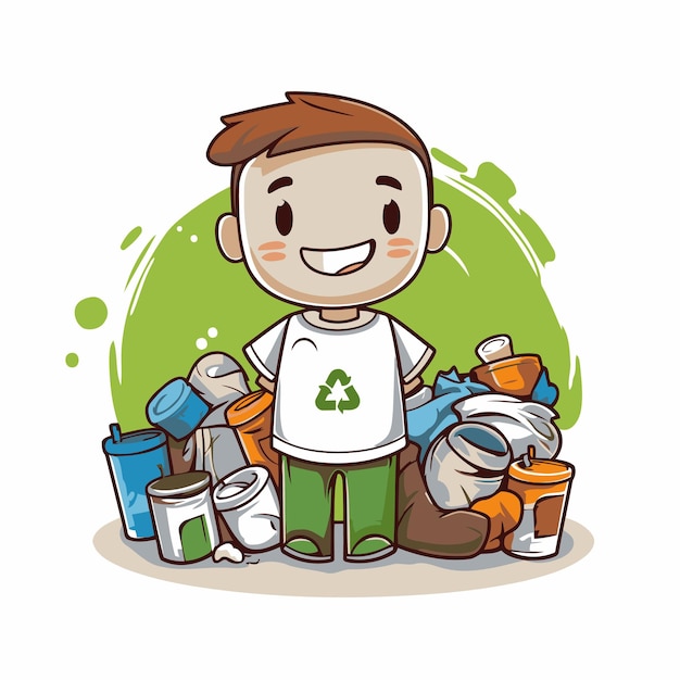 Cartoon boy with garbage Cleaning concept Vector illustration