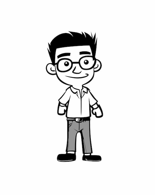 Un cartone animato di un ragazzo con gli occhiali e una maglietta che dice 