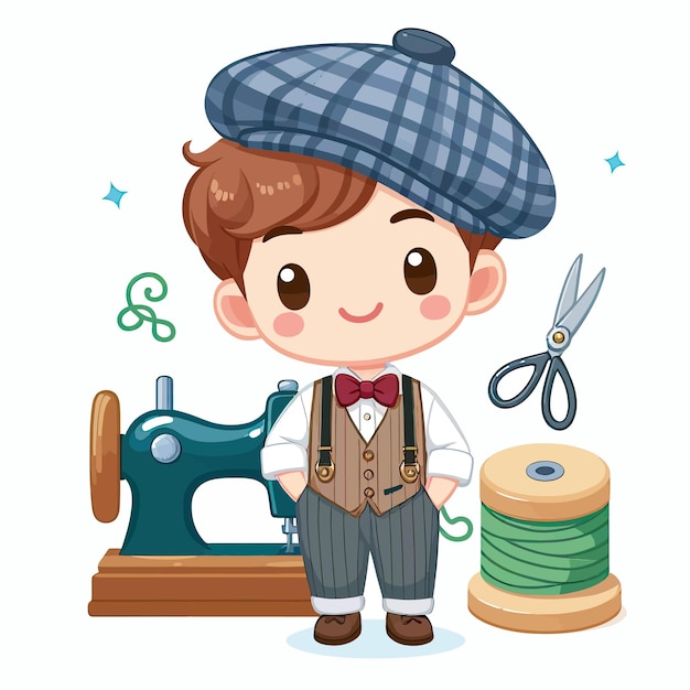 a cartoon of a boy with a hat and a tie that says quot hes a sewing machine quot