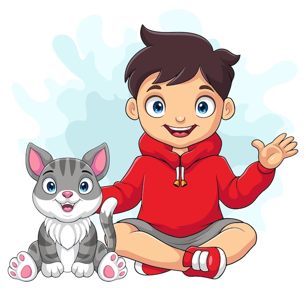 Cartoon boy with his cat | Premium Vector