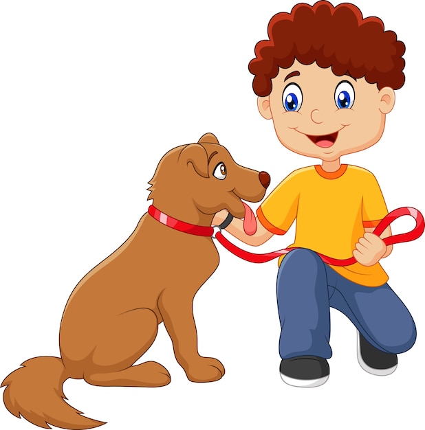 Vector cartoon boy with his dog isolated on white background