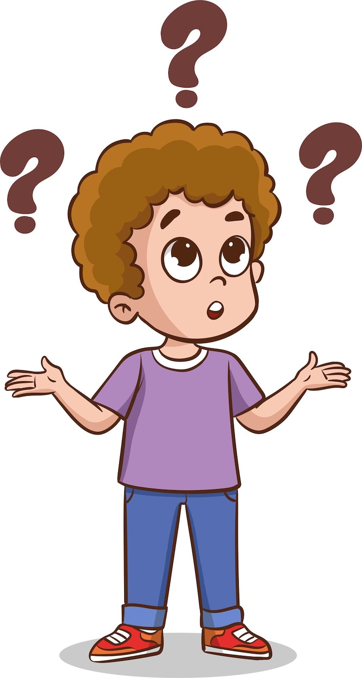 Vector cartoon boy with question marks on white background vector illustration