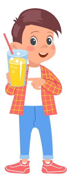 Cartoon boy with soda drink cup Kid hold lemonade