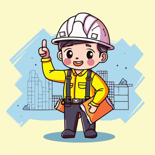 Cartoon boy in yellow helmet with a hand raised up.