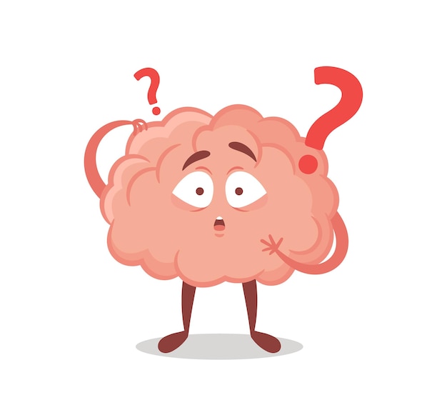 Cartoon Brain Character with Question Mark Isolated on White Background. Concept of Thinking Process, Asking, Faq or Quiz Intellectual Game, Brainstorm Activity, Mind Development. Vector Illustration