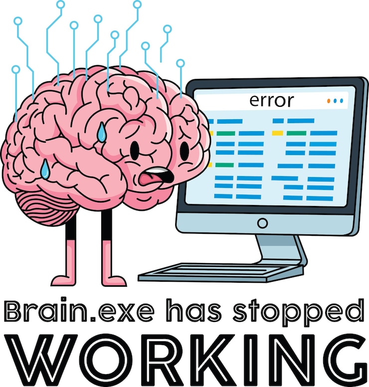 Vector cartoon brain with legs sweating next to a computer displaying an error message and working text
