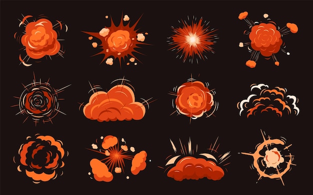 Cartoon brand explosie war bomb blast effecten gaming dynamiet explosies heldere rode wolken komische stijlelementen grote boom en rook recente vector set