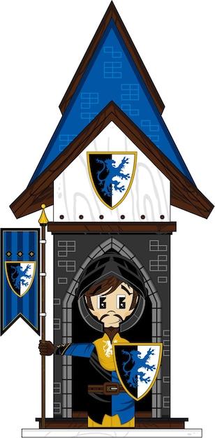 Мультяшный храбрый средневековый рыцарь с баннерным флагом на иллюстрации истории гауптвахты башни