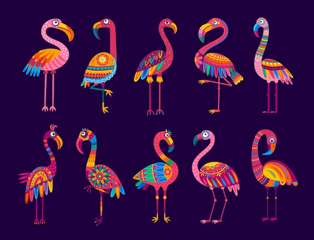 Cartoon Braziliaanse flamingovogels Geïsoleerde vectorset van levendige tropische wezens in een speelse en geanimeerde alebrije-stijl met hun elegante lange benen en uniek levendig sierlijk verenkleed