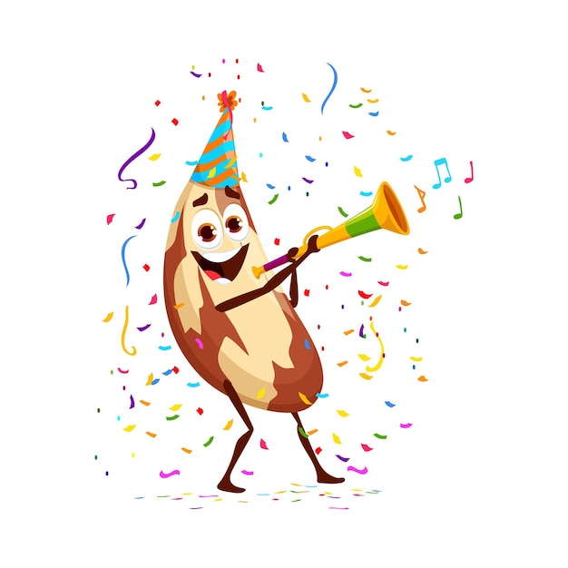 Cartoon brazilian nut character on holiday and birthday party Isolated vector funloving seed personage wear festive hat tooting a vuvuzela adding excitement and music to festive event celebration