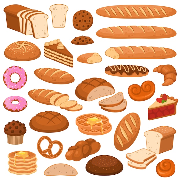 Vector cartoon bread and cakes. bakery wheat products, rye breads.