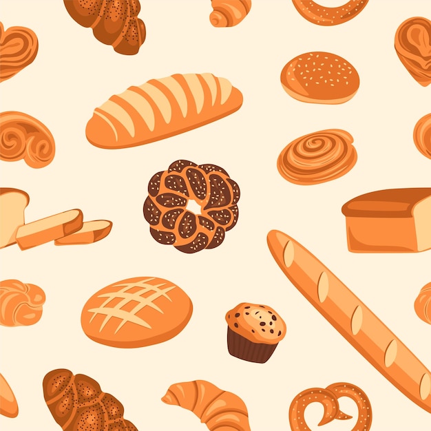 Vædde Sømil Nogen Premium Vector | Cartoon bread pattern seamless print with wheat bread  pretzel loaf croissant donut pancakes cinnamon roll french baguette vector  texture