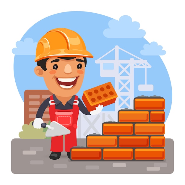 Cartoon bricklayer at construction site