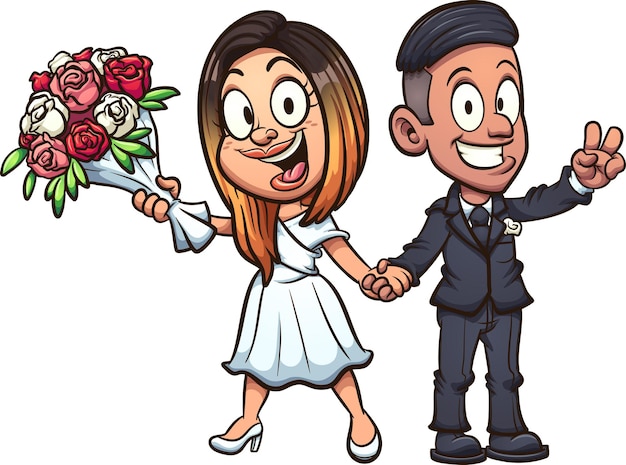 Vettore sposa e sposo del fumetto che tengono un mazzo di fiori