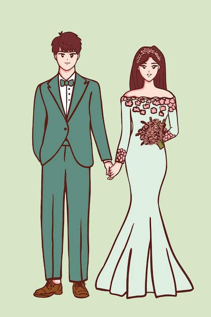 A cartoon of a bride and groom holding hands and bouquet