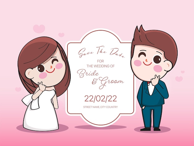 Cartoon bride and groom on wedding card background of pink hearts